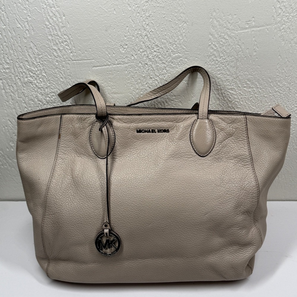 Michael Kors Ani Tote Cement Pebbled Leather Shoulder Bag Zip Pocket Open Top